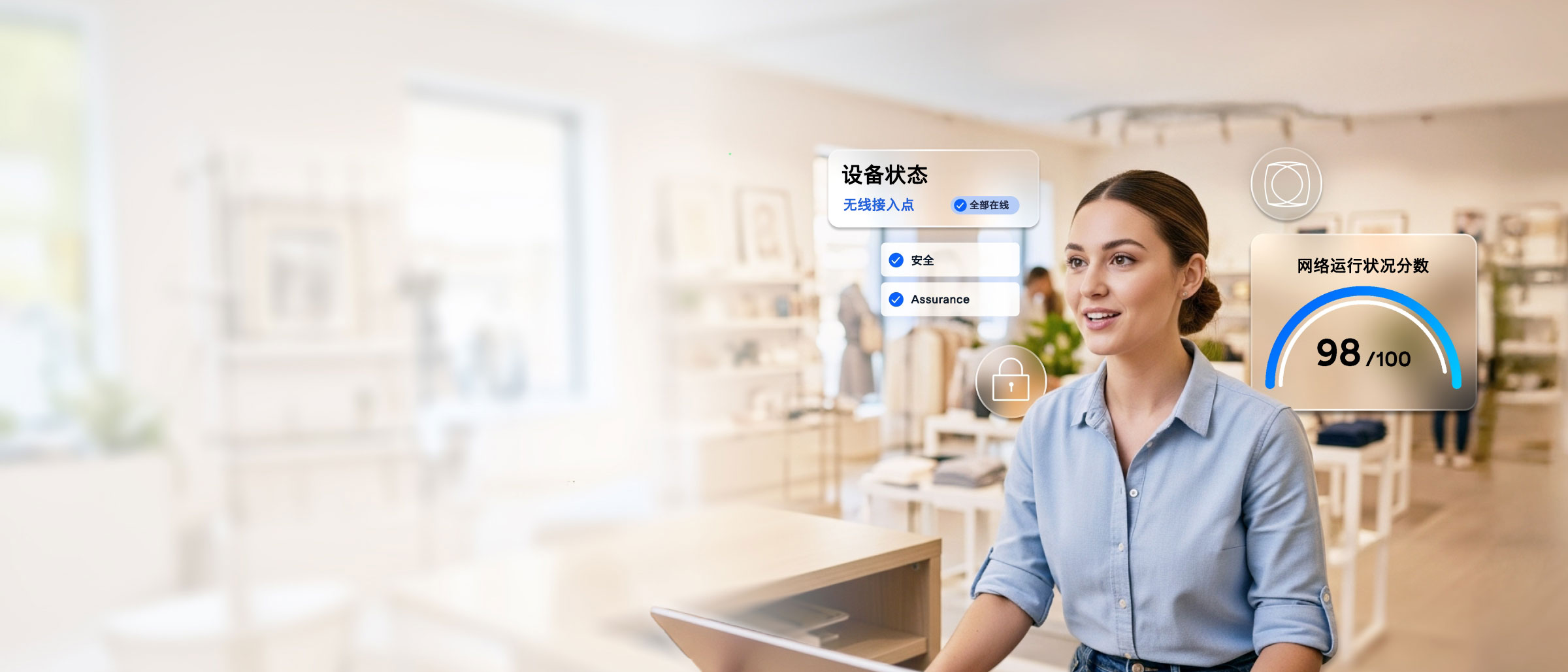 一个人正注视着笔记本电脑，背景上叠加了一些网络控制面板状态项目，包括：连接、保障、安全、基础设施和企业文化。