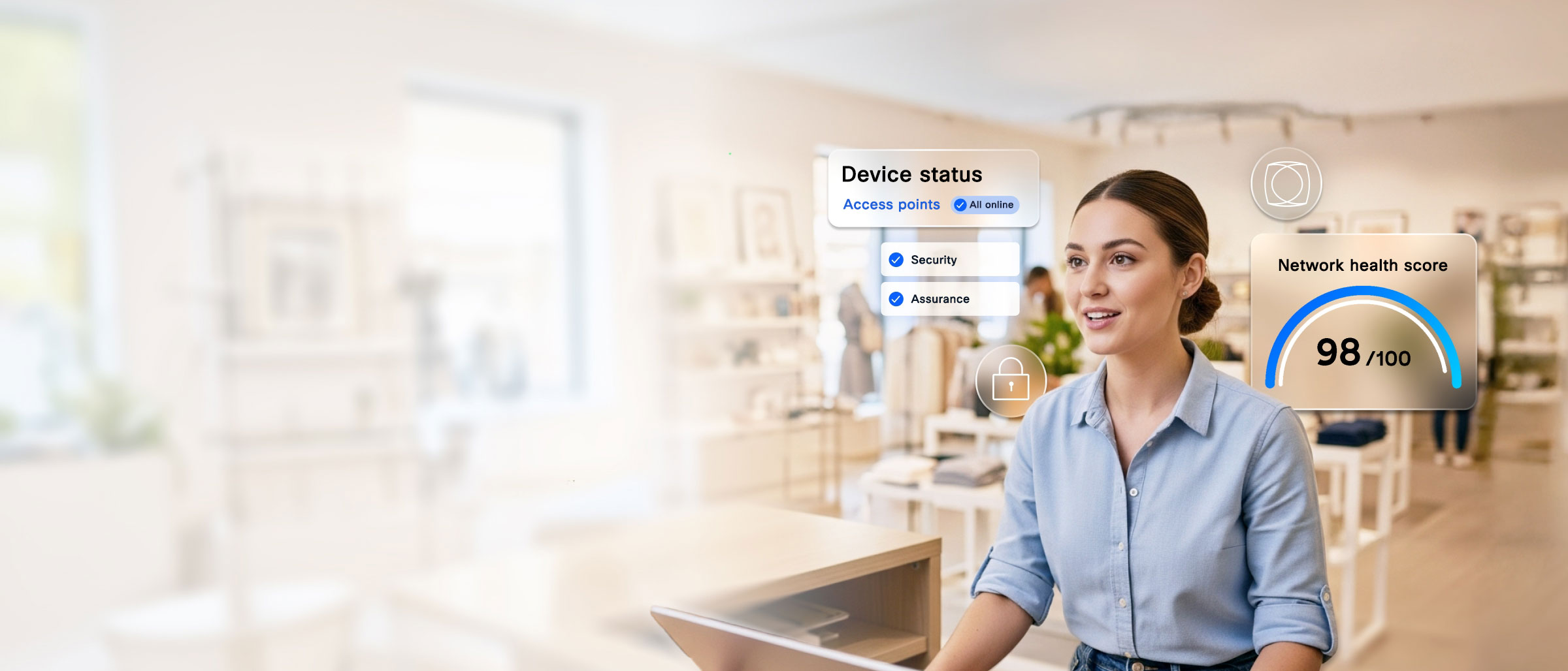 Person looking at laptop, with network dashboard status items overlaid on the background for: Connectivity, Assurance, Security, Infrastructure and Culture.