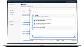 Cisco Meraki dashboard showing an AI Assistant suggesting a "Compliance Audit on Multi-Organization Networks by Tag" workflow. 
