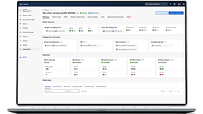 Meraki dashboard cloud-managed fabric interface showing "San Jose campus," displaying network fabric device counts, deployment summaries, health statistics, and a topology map. 