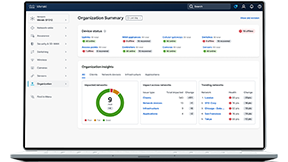 Meraki dashboard Organization Summary page displaying device status, organization insights, and a table of networks by health score.