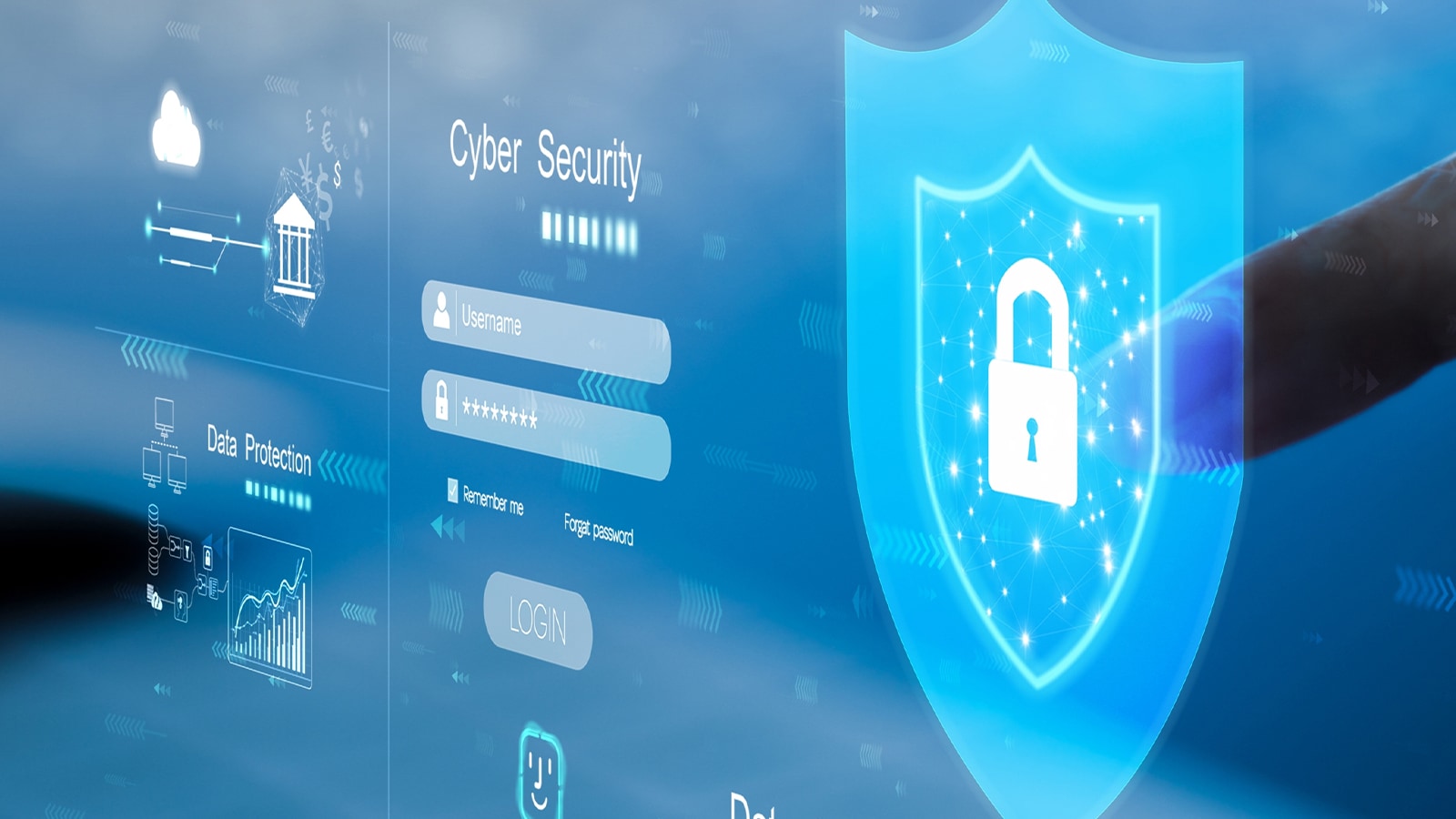 Conceptual representation of a Cyber Security interface with a login form, Data Protection section, and a finger touching a glowing shield icon with a padlock.