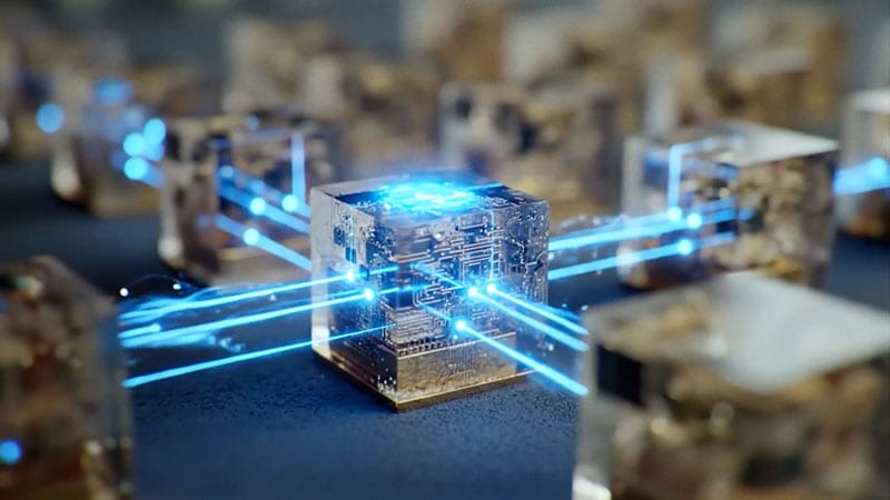 内部回路が青い光線で接続されている、光る半透明の立方体