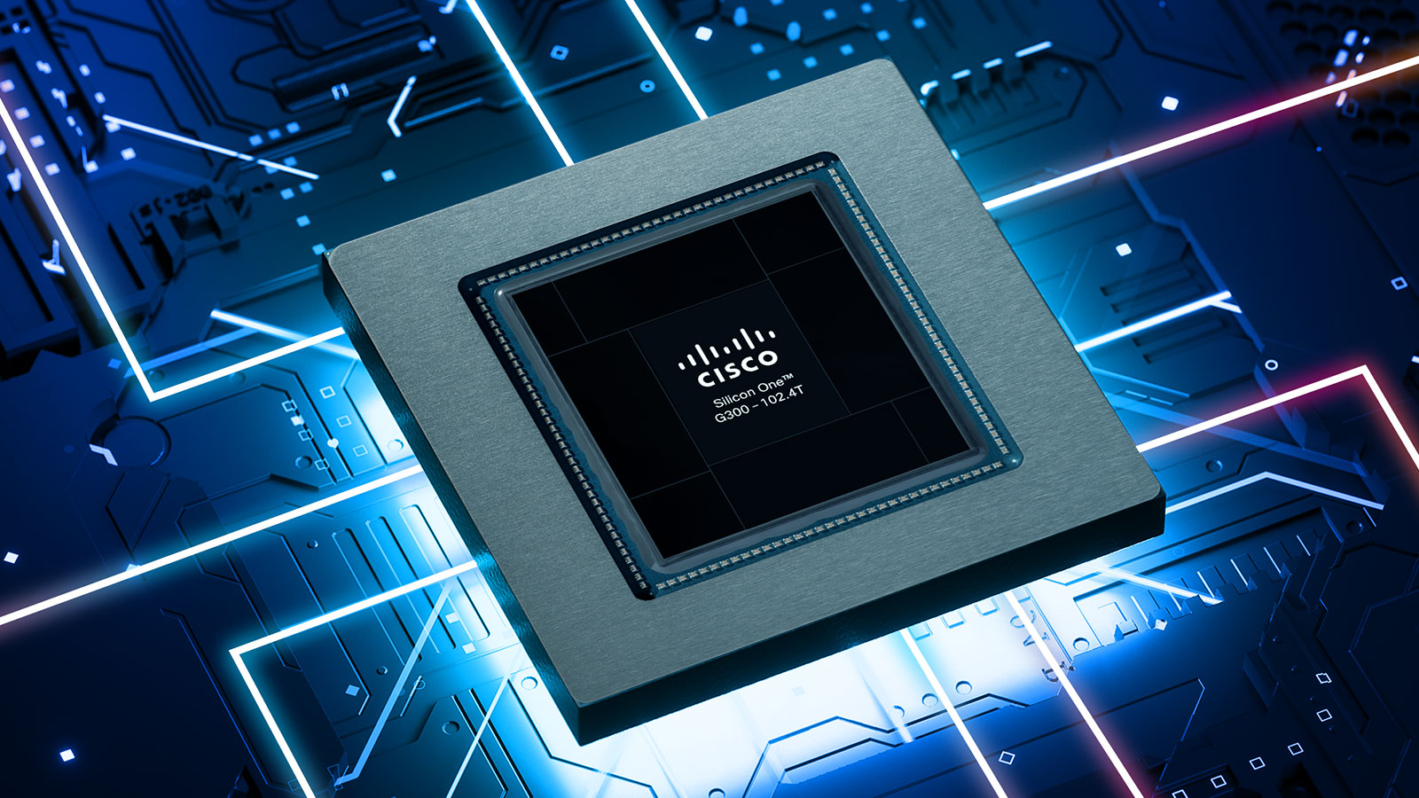 回路基板上に青とグレーの濃淡で表されている Cisco Silicon One プロセッサー 