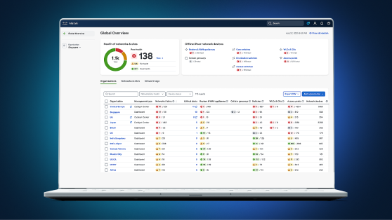 Laptop showing Cisco Meraki Global Overview dashboard with network health metrics and a table of organization device statuses.